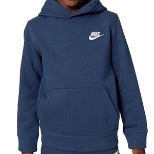 Nike Boys Sportswear Club Fleece Hoodie Navy Blue White Logo Pullover Large L